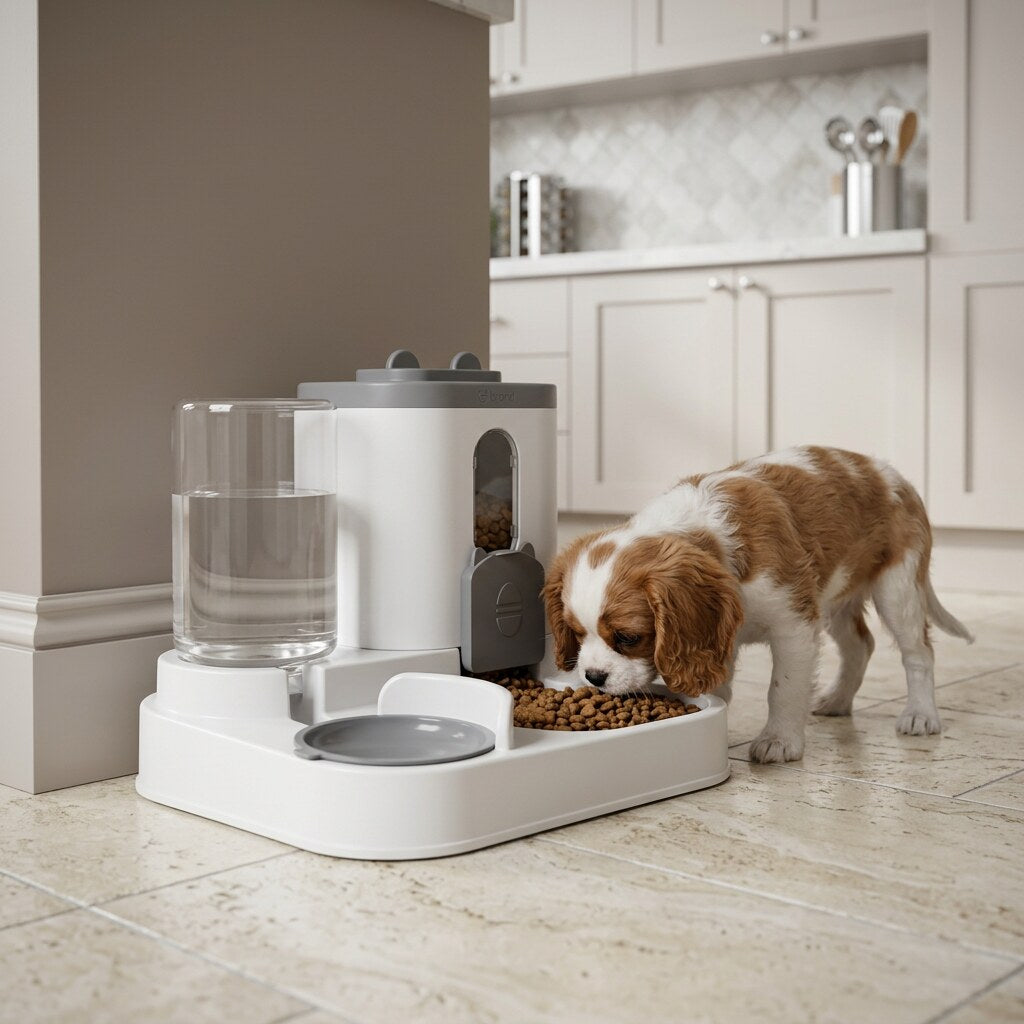 The Pluma Automatic Feeder keeping a puppy fed on schedule